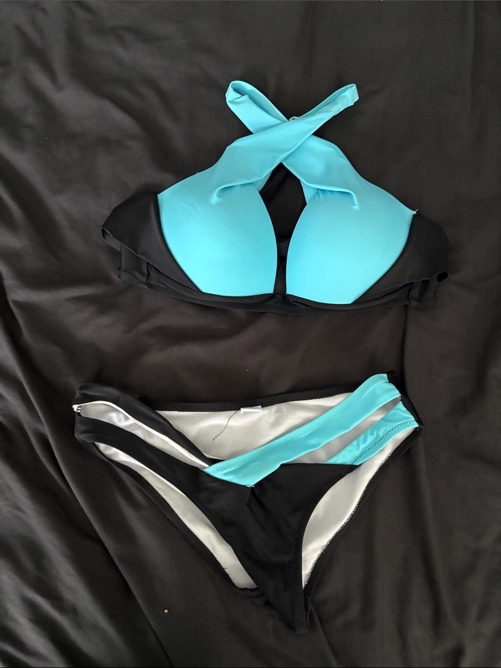 Women’s Black and Turquoise Cross-Back Bikini Set